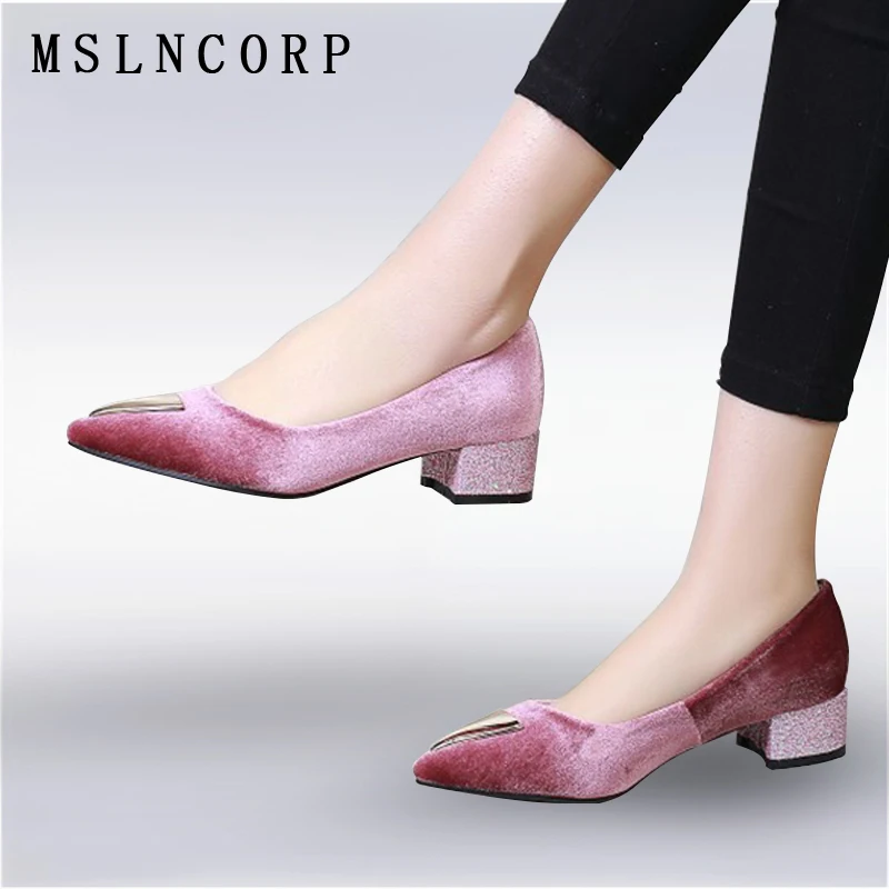 

plus size 34-46 New Fashion women pointed toe pumps shoes chaussures thick heels Slip On Casual femme party dress wedding shoes