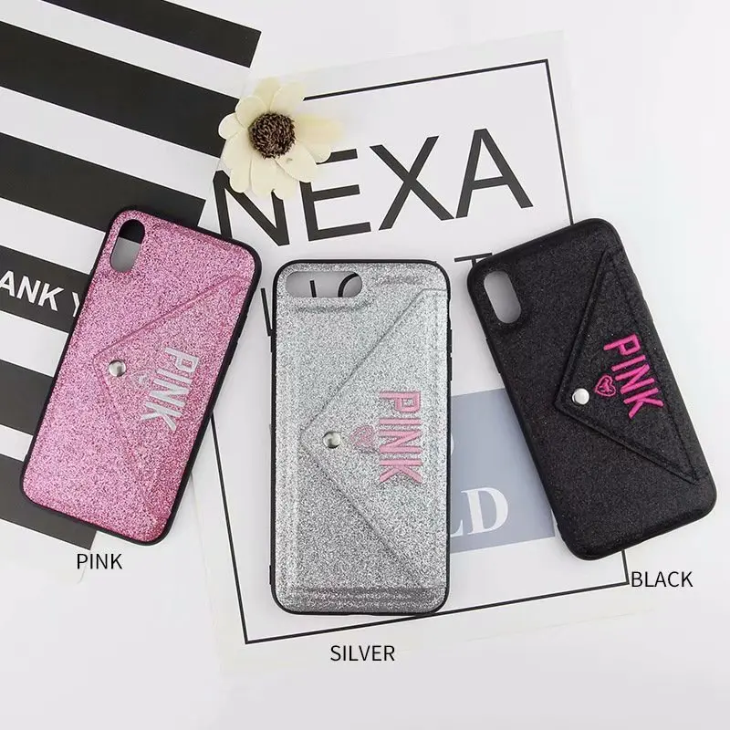 Luxury PINK Glitter Embroidery Soft Silicone Cute Case Phone Wallet