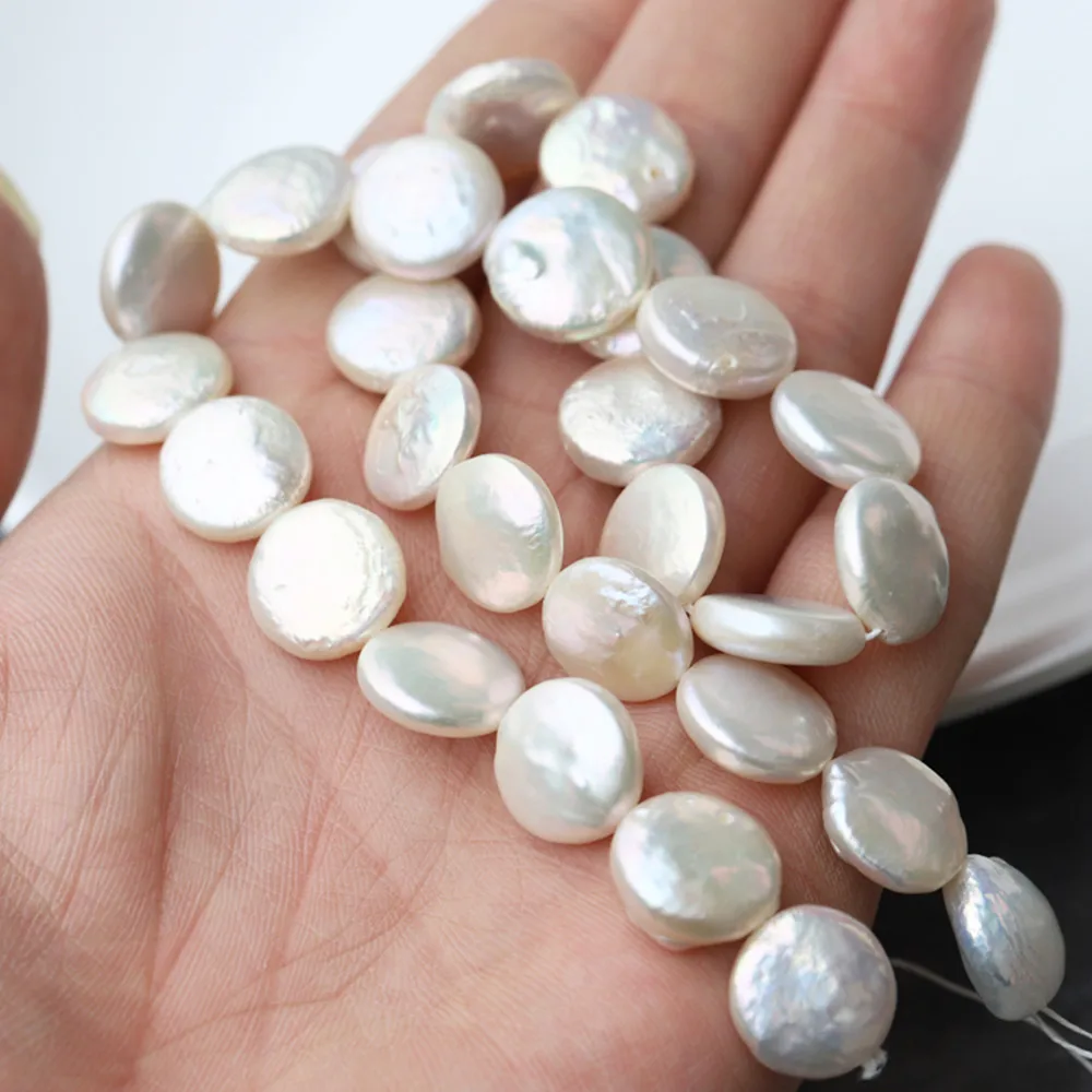 loose beads freshwater pearl white/pink/purple coin flat 13-14mm 14"  for DIY jewelry making FPPJ wholesale beads nature