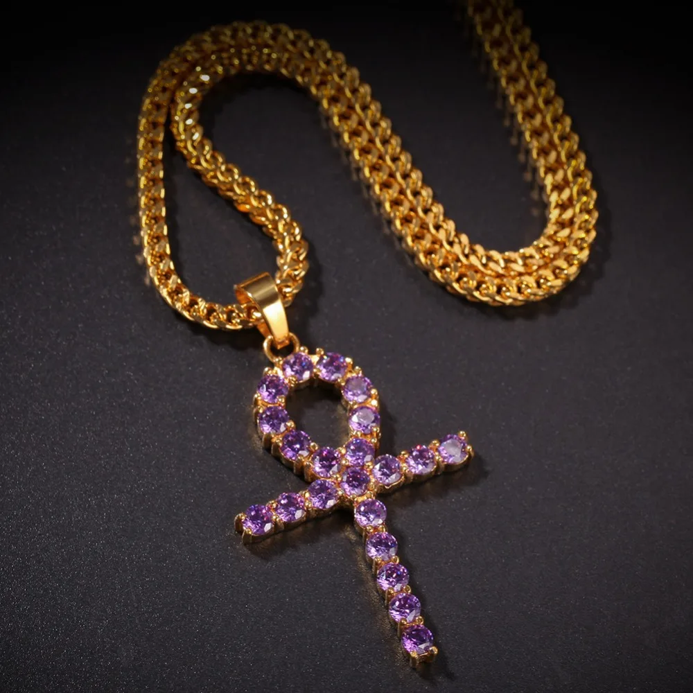 Hip Hop Purple CZ Stone Bling Iced Out Gold Color Stainless Steel Ankh ...