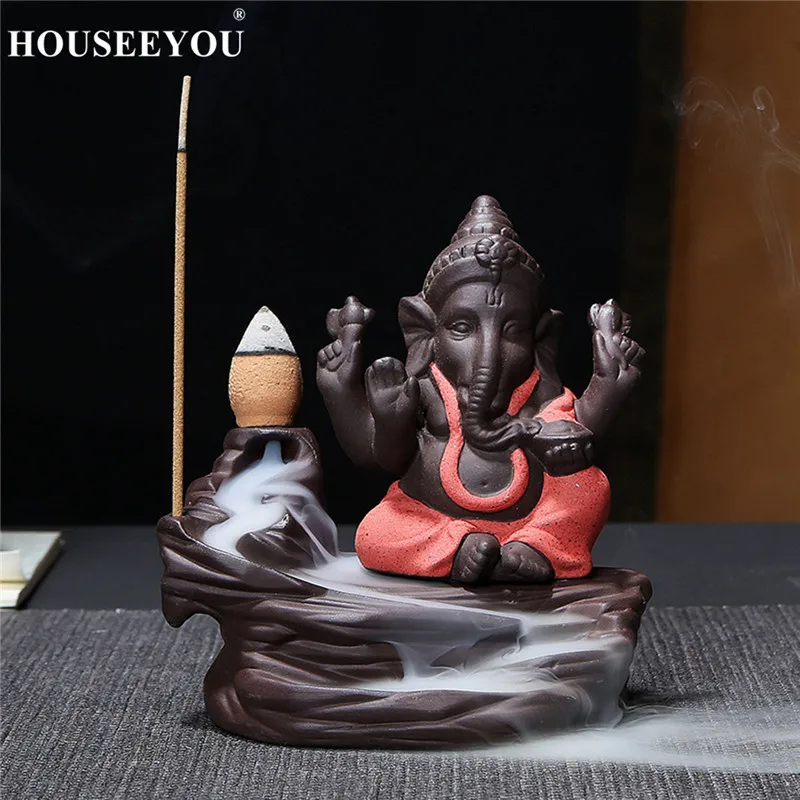 HOUSEEYOU Ганеша горелка для благовоний с обратным потоком слон Бог эмблема благоприятный и успех керамическая конусная кадильница домашний декор+ 20 шт конусов