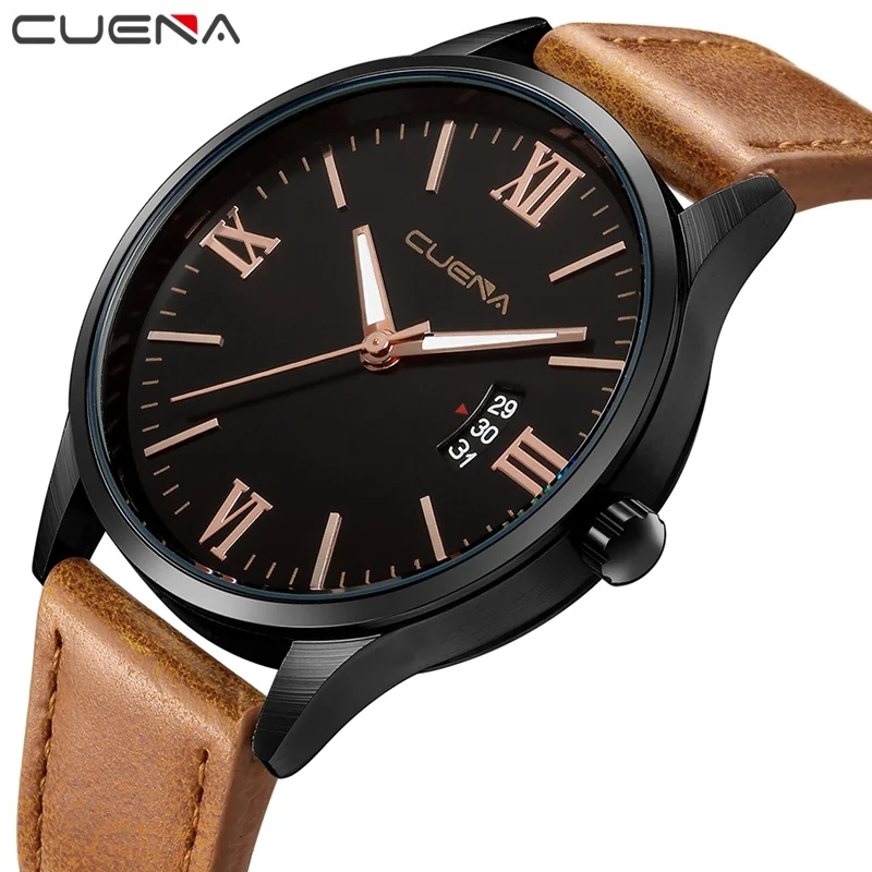 

CUENA Quartz Watches Men Complete Calendar Brown Genuine Leather Strap 30m Waterproof Male Clock Watches Men Fashion Watch 2018