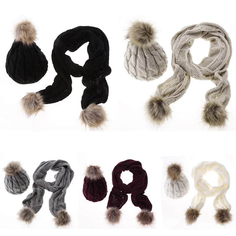 Зимние теплые шерстяные шапки, шарфы, костюм, шапки для женщин, вязаные двухкомпонентные женские шерстяные шарф с помпонами 2018