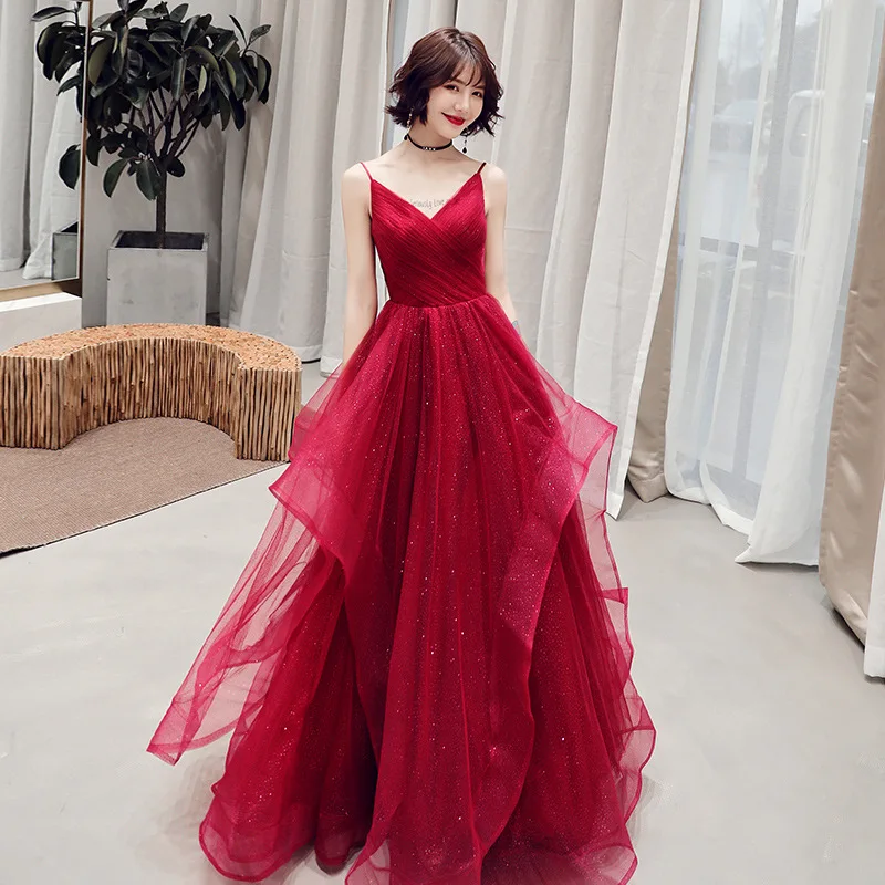 

Banquet Wine Red Evening Dress 2019 New Fashion Sexy Spaghetti Strap V-neck Prom Party Dress Backless Evening Ball Gown