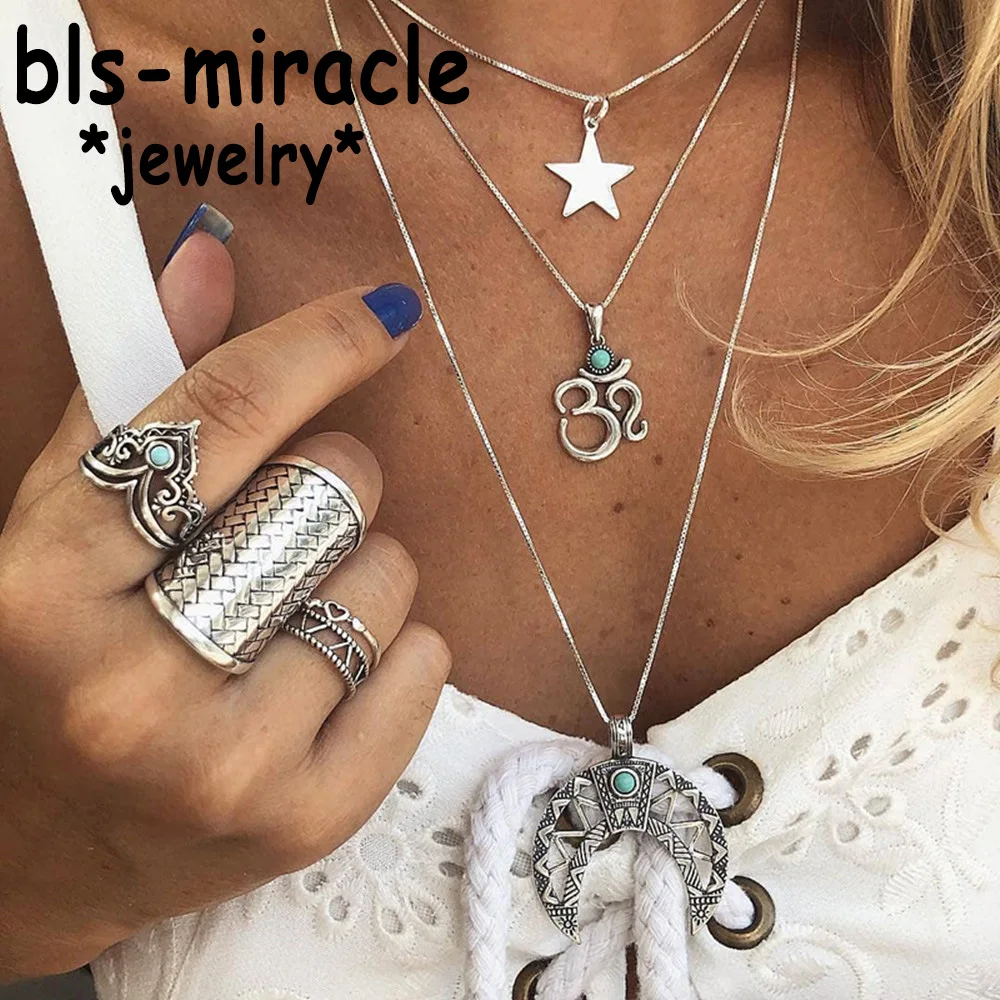 

Bls-miracle Boho Moon Star Shape Green Beads Multi layer Necklaces 2019 For Women Silver Necklaces & Pendants Vintage Jewelry