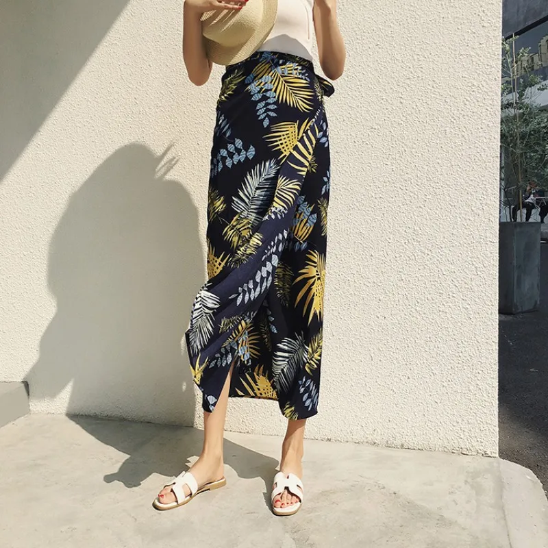 Цветочный принт Высокая длинная юбка с разрезами Женская цельная летняя Макси-юбка Женский Галстук-ап Boho пляжные юбки