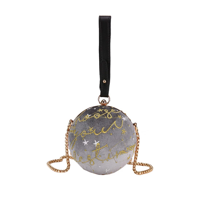 

Luxury Fashion Blue Planet Pattern Velvet Star Ball Shoulder Bag Women Small Round Velour Bag Personality Female Handbag Spher