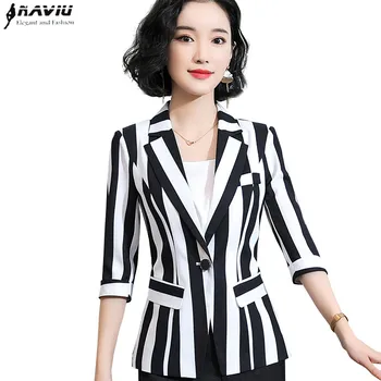 

Fashion Stripes Blazer Women Professional 2019 New Summer Casual Formal Half Sleeve Jacket Office Ladies Plus Size Work Wear