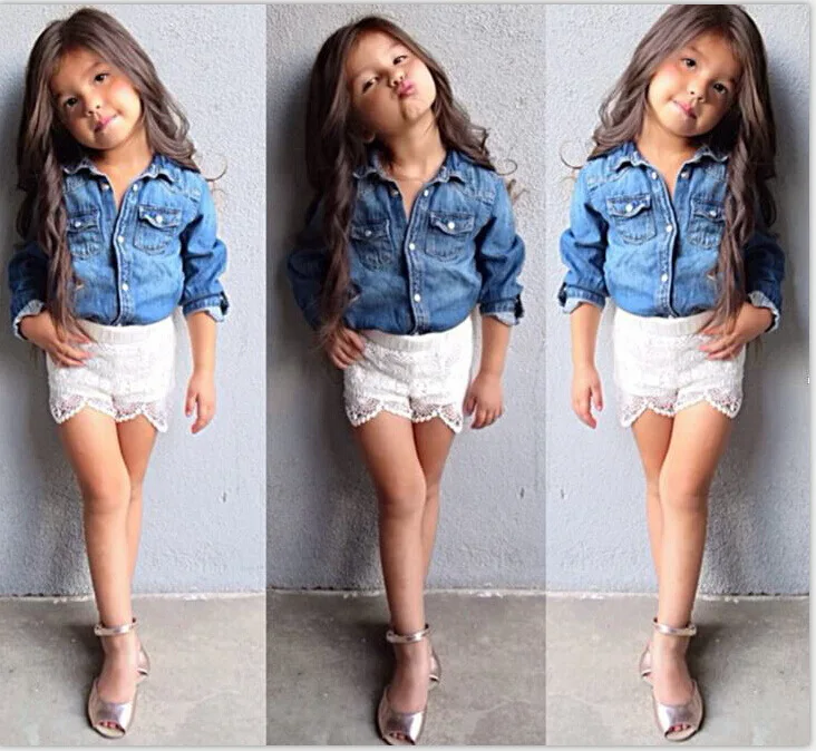 Kids Girl's Denim Clothing Sets Toddle Baby Turn down Neck Long Sleeve