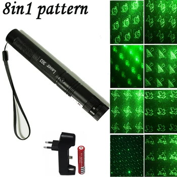 

8 in1 Green dot Laser Pointer 532nm 5mW 303 Laser Pen Adjustable Powerful Starry Head Burning Match With 18650 Battery+Charger