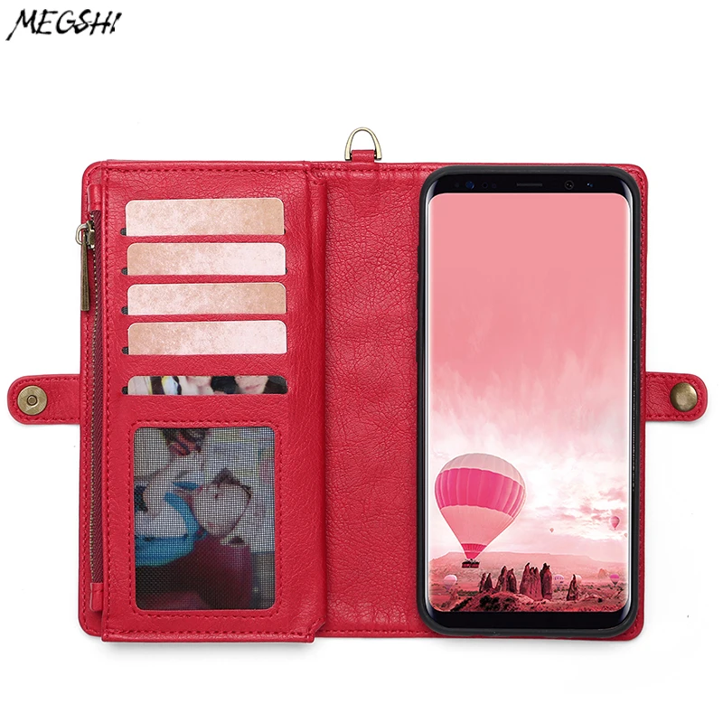 

MEGSHI For Samsung Galaxy S8 S9 case large capacity multi-function wallet case for Samsung S9 Plus case removable phone shell