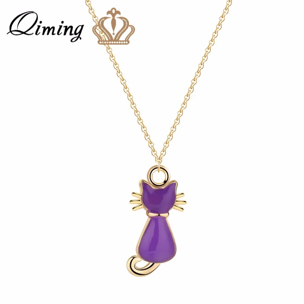 

QIMING Purple Oil Painting Cat Necklace Female Ladies Lovely Animal Kitty Cats Fashion Jewelry Gold Necklace Collier Gifts