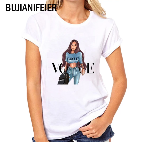 

BUJIANIFRIER 2019 NEW SUMMER T shirts Short sleeves for women's wear cartoon VOGUE GIRL printed T-shirt BJN175