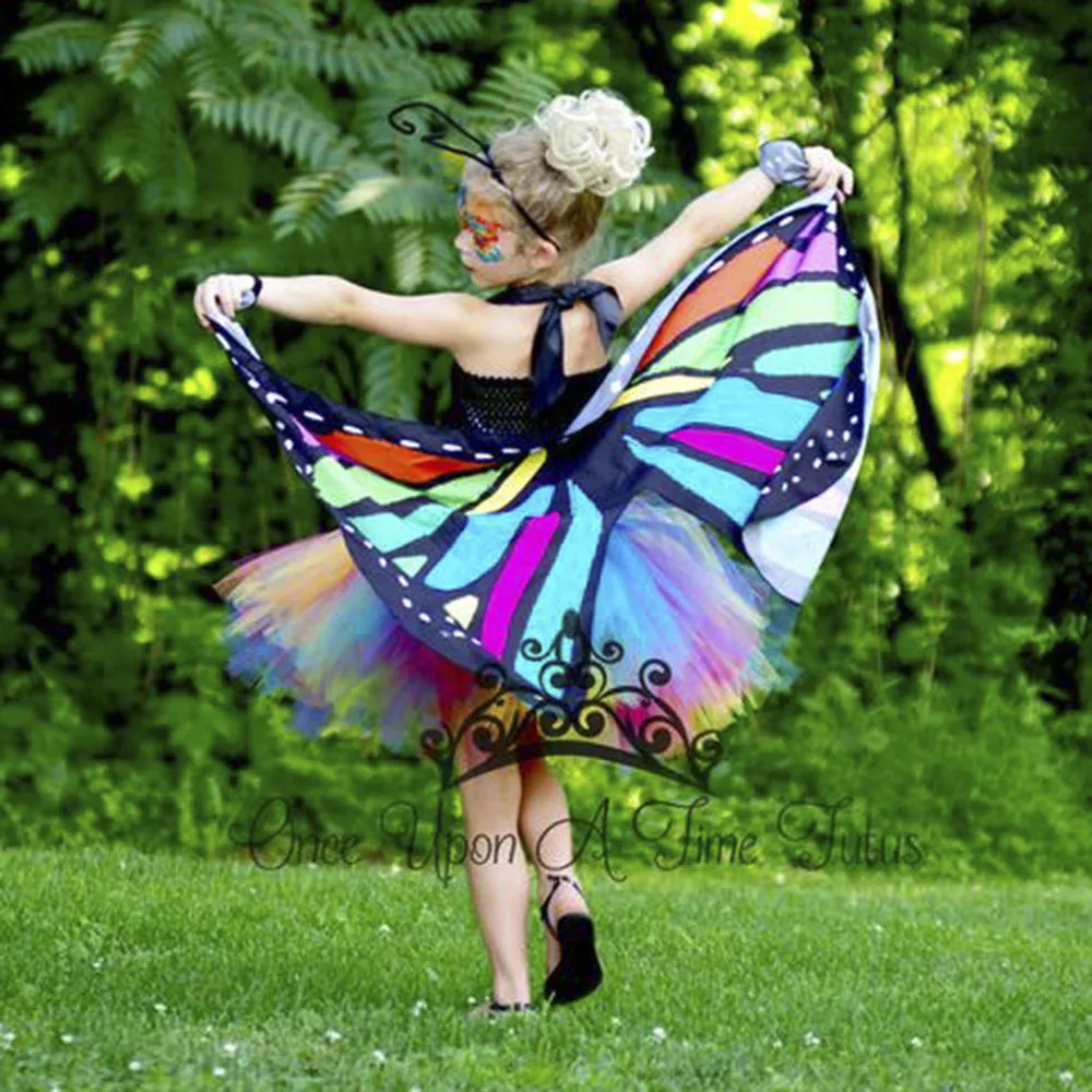 Яркое Радужное платье-пачка с бабочкой; платье феи для маленьких девочек для костюмированной вечеринки; платья для дня рождения с крыльями; Детский костюм на Хэллоуин
