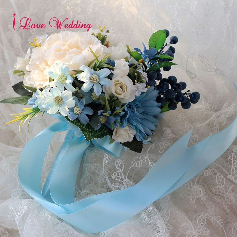 Ручной работы синий свадебный букет с лентой букет de mariage цветок из искусственного шелка невесты Свадебный букет