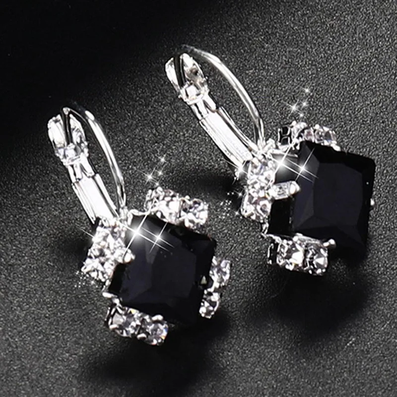 Fashion Silver Color Square Drop Earrings Purple Red Blue Black Austrian Crystal Rhinestone Earring For Women Wedding Jewelry drop earrings crystal earrings