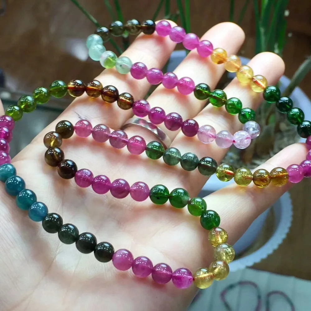

Fashion Genuine Natural Colorful Tourmaline Bracelet 6mm Necklace Three Laps Transparent Round Beads Crystal Brazil Chain AAAAAA