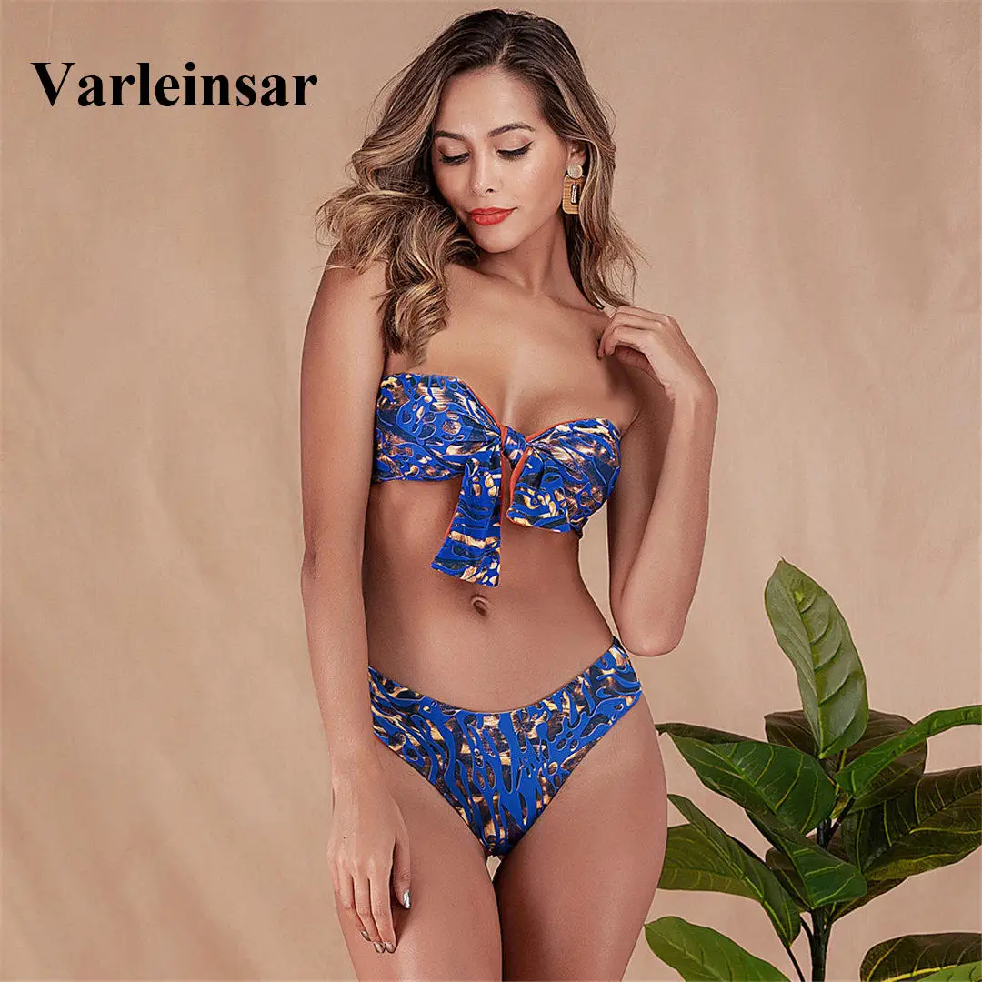 

Sexy Knotted Bandeau Bikini 2019 Women Swimwear Female Swimsuit Two-pieces Bikini set Mid Waist Bather Bathing Suit Swim V1534