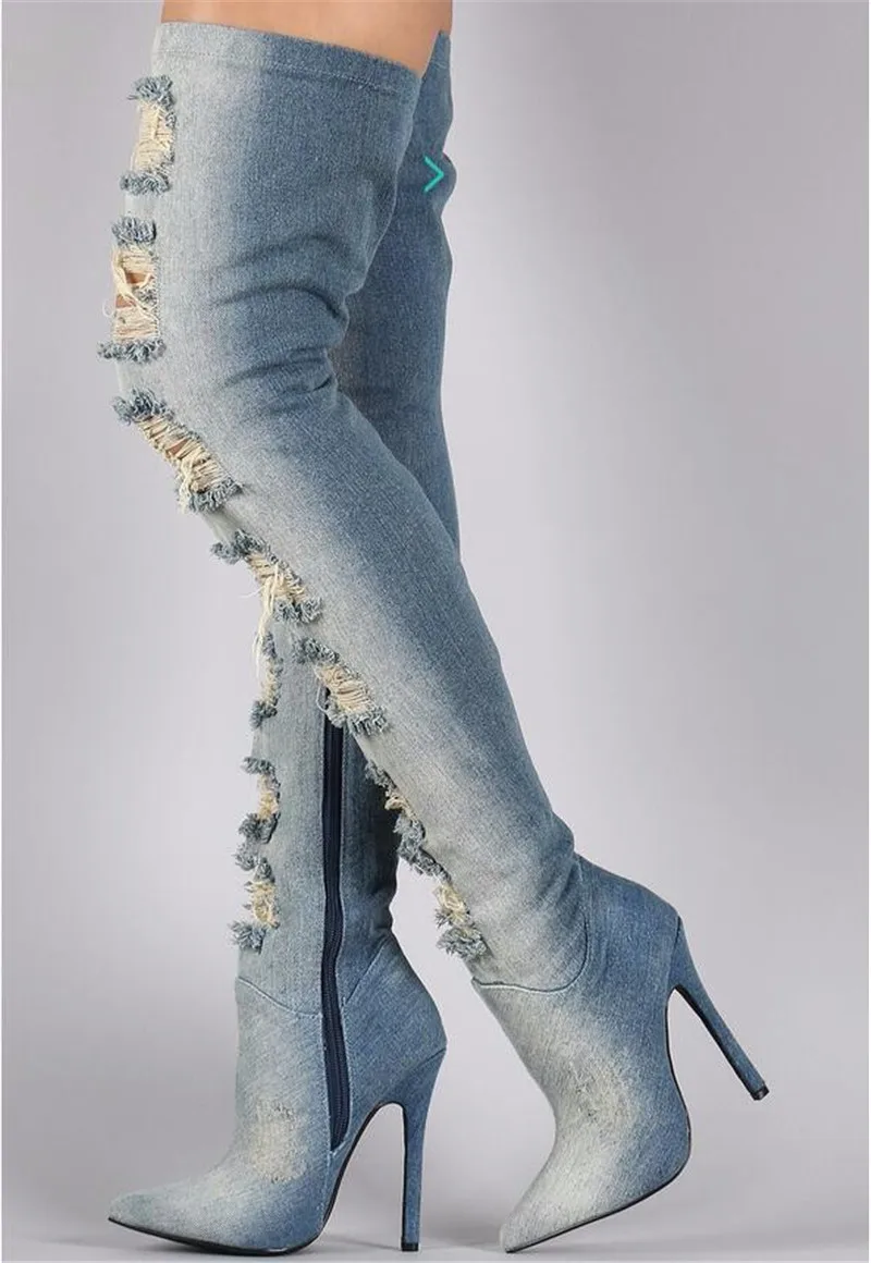 Mujeres 2018 Agujeros Ocasional Nueva Más Material Tacones Finos Manera Única Botas Denim Personalidad La Con rCwqrX1