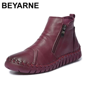 

BEYARNE Flats Ankle Women's Boots Shoes Woman Female Fashion Handmade Genuine Leather Rubber Soles Superstar platform Casual
