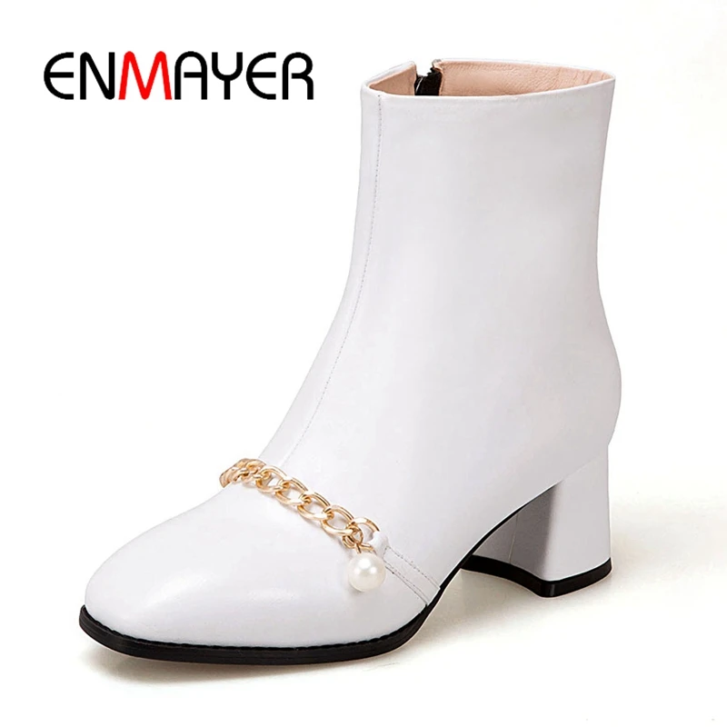 

ENMAYER Basic Square Toe Genuine Leather Square Heel Ankle Women Shoes Botas Mujer Invierno Booties Big Size34-43 ZYL1732