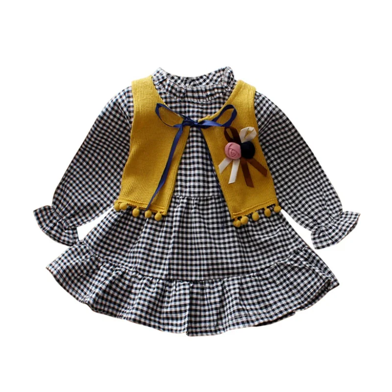 Одежда для малышей платье с длинными рукавами для девочек, клетчатые рубашки платье для маленьких девочек+ меховой жилет, костюм из 2 предметов