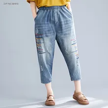 Свободные винтажные ковбойские джинсовые шаровары с вышивкой летние резинка на талии женские короткие джинсы Feminino