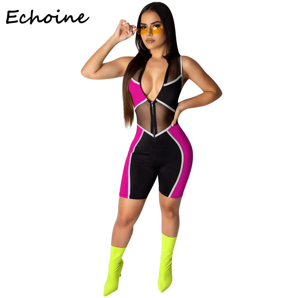 

Echoine Casual Sheer Mesh Color Patchwork Jumpsuit Sleeveless Short Romper Bodysuit Overalls For Women