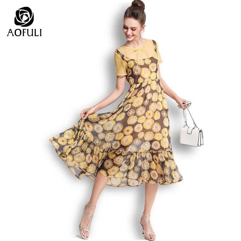 

AOFULI Big Size Floral Print Dress Mid-calf Length Ruffle Chiffon Long Bohemian Dress For Women Summer L- 3XL 4XL 5XL A3621