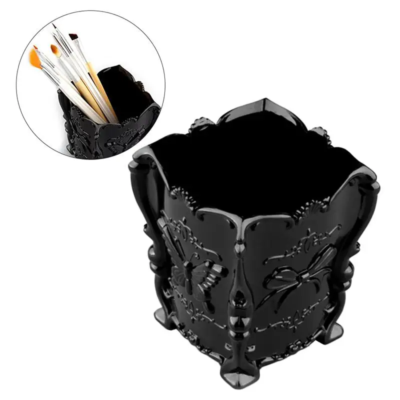 Акриловый контейнер для кистей для макияжа, чашка с бабочкой, резная Косметическая кисть, держатель для хранения горшка, пустая портативная ручка для кистей, косметический инструмент - Handle Color: Black