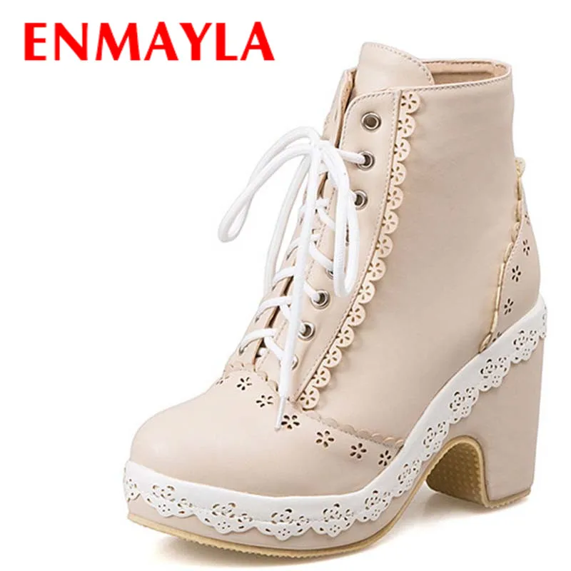 

ENMAYLA New Fashion Boots Square Heel Shoes Woman Round Toe Boots for Women Casual Women Pumps 3 Colors Lace-up Ankle Boots