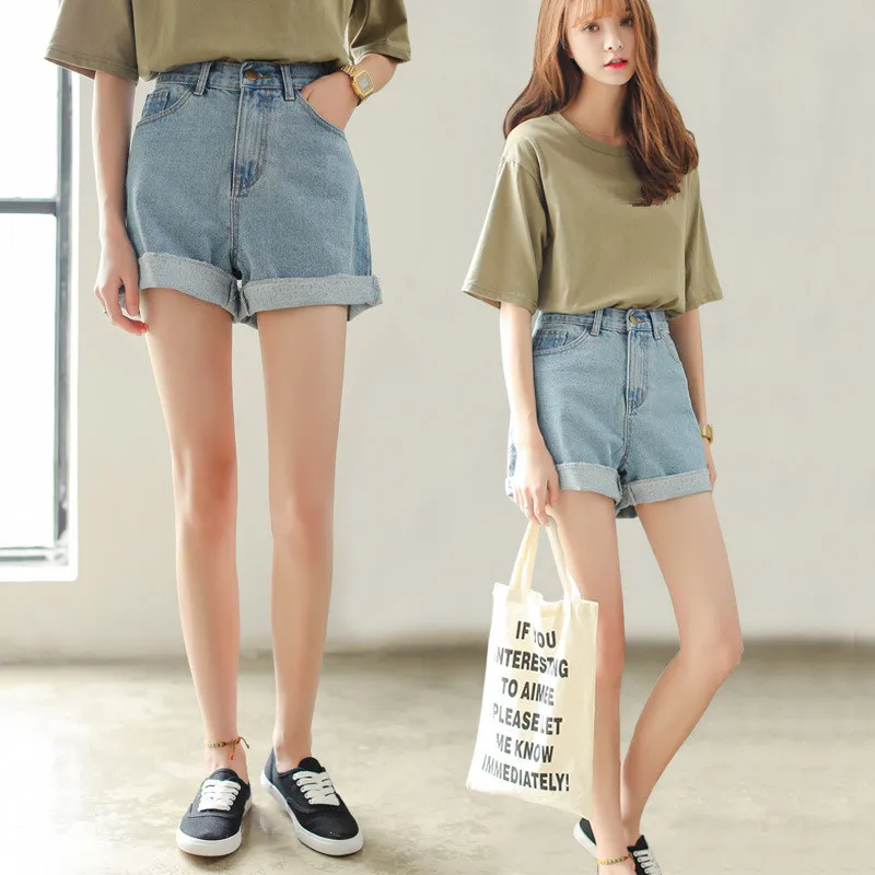 

2018 Summer Girls Light Blue High Waist Casual Jean Shorts Women Crimping Wide Leg Vintage Shorts