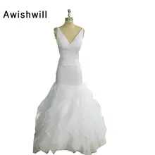 Gorgeous White Wedding Dresses 2017 Simple Design Vestido De Noiva Sereia Open Back V Neck Organza Ruffles Beach Bridal Gown