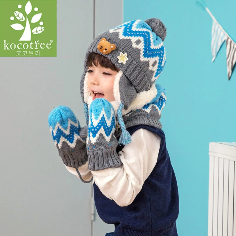 Tanie Unisex dziecko czapki zestaw czepków dzieci Cartoon wzór ze zwierzętami pasek dzianiny dodaj aksamitny kapelusz i szalik ciepły zimowy garnitur zestaw dziewczyny rękawiczki