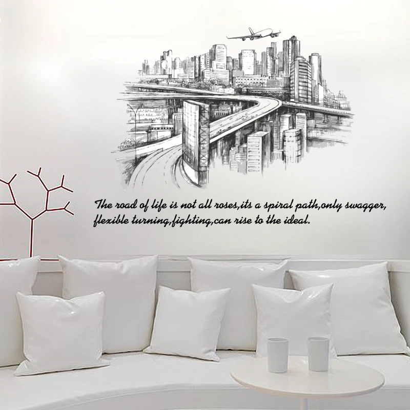Bedroom city building wall stickers home decoration adhesive bridge