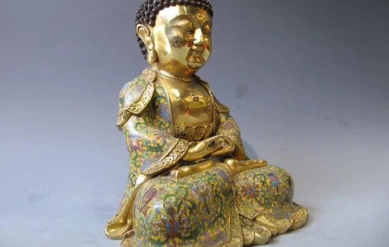 100% Pure Bronze with Cloisonne 24K Gold Gild Sakyamuni Tathagata Buddha Statue | Дом и сад