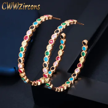 

CWWZircons Gorgeous Colorful Cubic Zirconia Bezel Setting Gold Color Big Round Rainbow Hoop Earring for Women Lady Jewelry CZ575