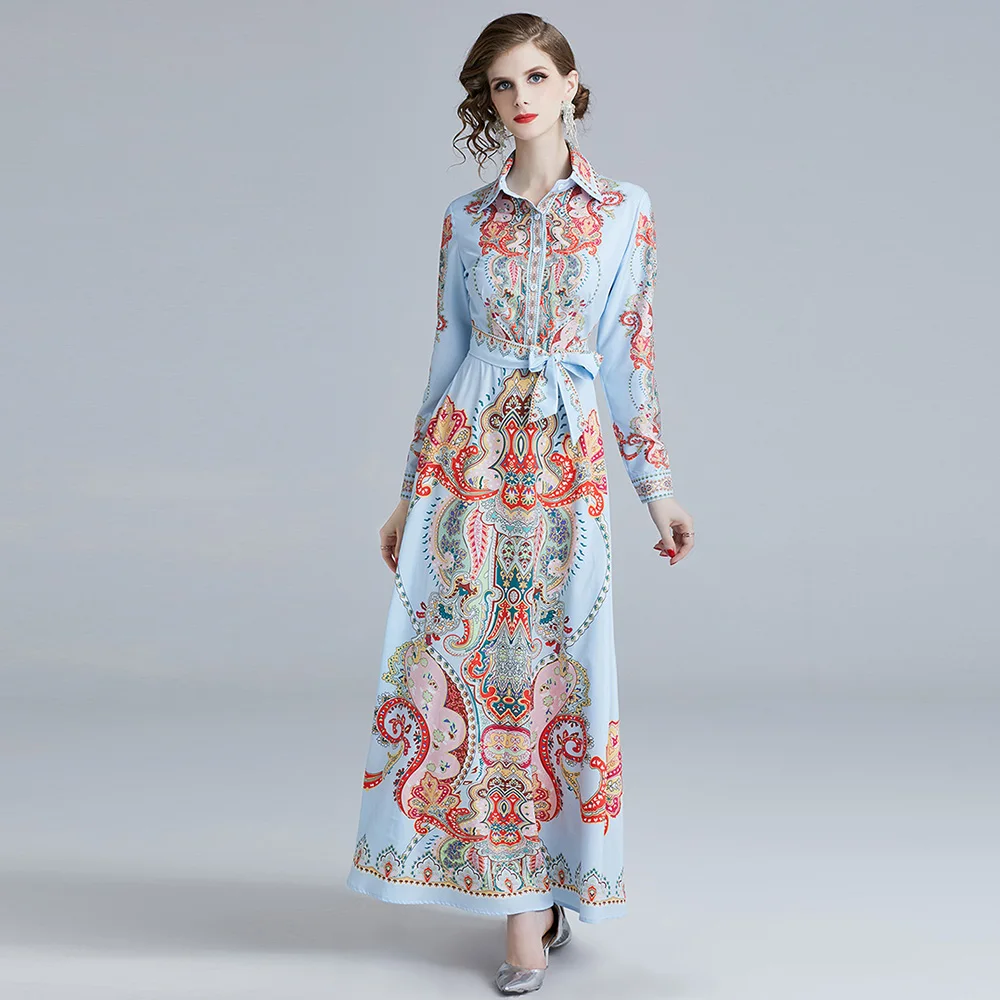 

Runway Blue Shirt Dress Women Print 2019 Spring Summer Turn Down Neck Lace Up Blet Floor-length Long Sleeve Floral Maxi Dress