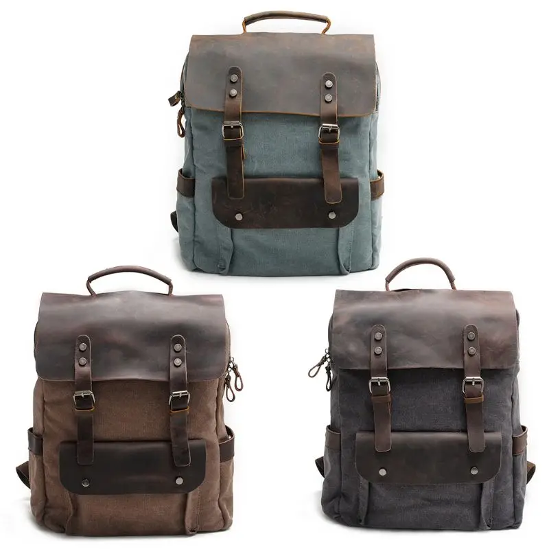 

Canvas Laptop Backpack Unisex Vintage Leather Casual School College Business Bags Hiking Travel Daypack