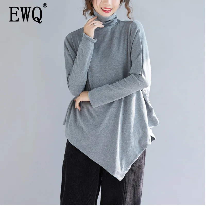 

[EWQ] 2019 New Spring Autumn Long Sleeve High Collar Loose Hem Irregular Shirt Casual Blouse Cotton Women Fashion Tide OC788
