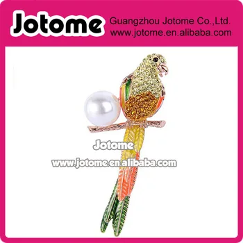 

Rose Gold-Tone Austrian Multicolor Crystal White Simulated Pearl Enamel Parrot Bird Brooch