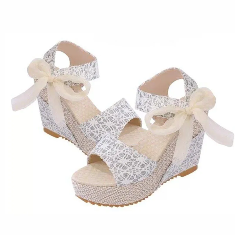 Ladies Wedge Sandals Shoes Size 35-39 Summer Ladies Sandals Peep Toe Lace Women Buckle Strap Ladies Bowknot Platform Shoes