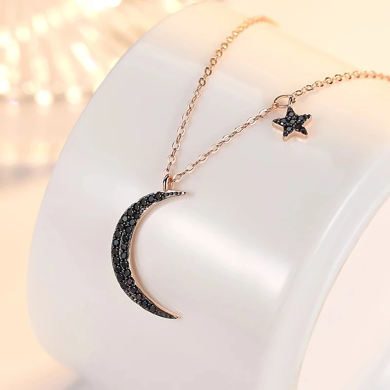 

SINLEERY Simple Black Crystal Moon Star Pendant Necklace Rose Gold Silver Color Chain Choker Necklace Women Jewelry XL068 SSD