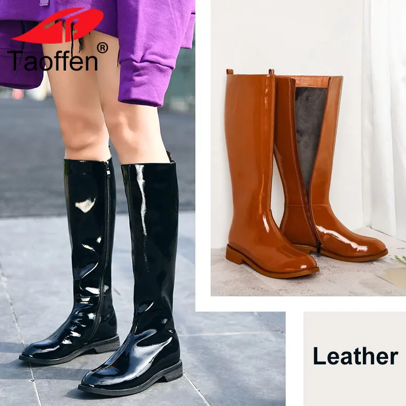 

TAOFFEN Women Knee High Boots Patent Leather Winter Shoes For Women Warm Fur Round Toe Zipper Warm Fur Flats Boots Size 33-40