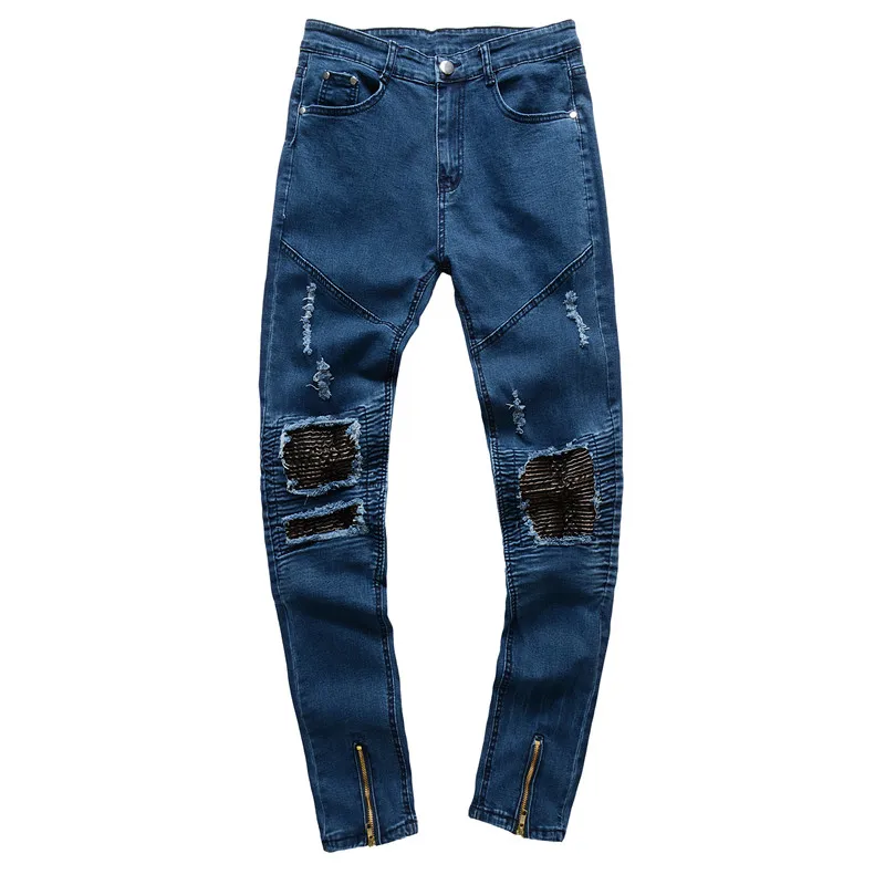 Обтягивающие джинсы, облегающие мужские джоггеры из денима с молнией на лодыжке, брюки, колготки, хип-хоп рваные джинсы, мужские уличные синие, белые