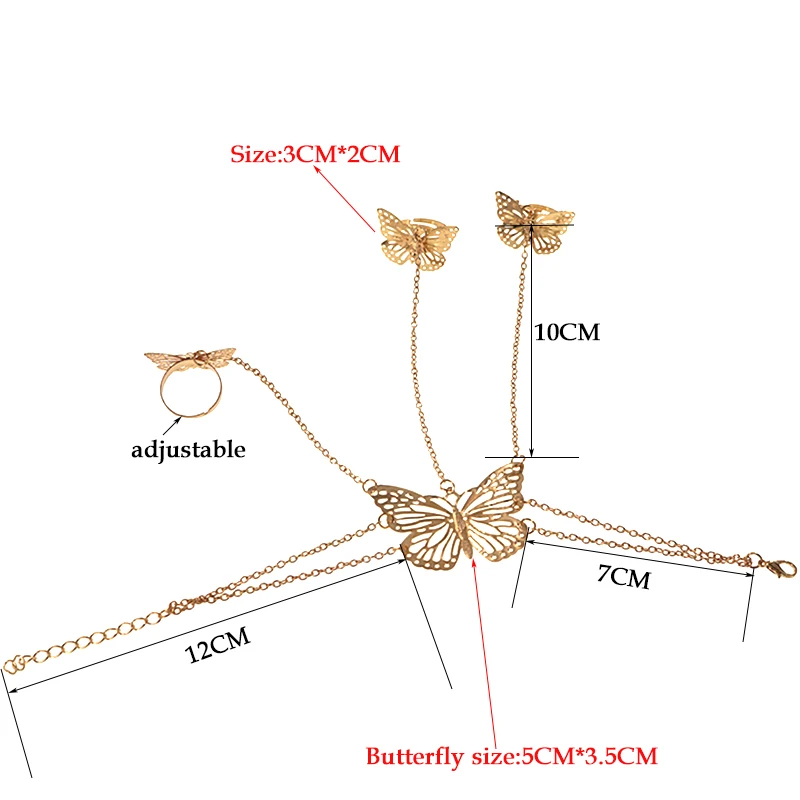 Бабочка регулируемые позолоченные/посеребренные браслеты и браслеты с кольцом на палец для женщин манжеты на руку браслеты Femme модные ювелирные изделия