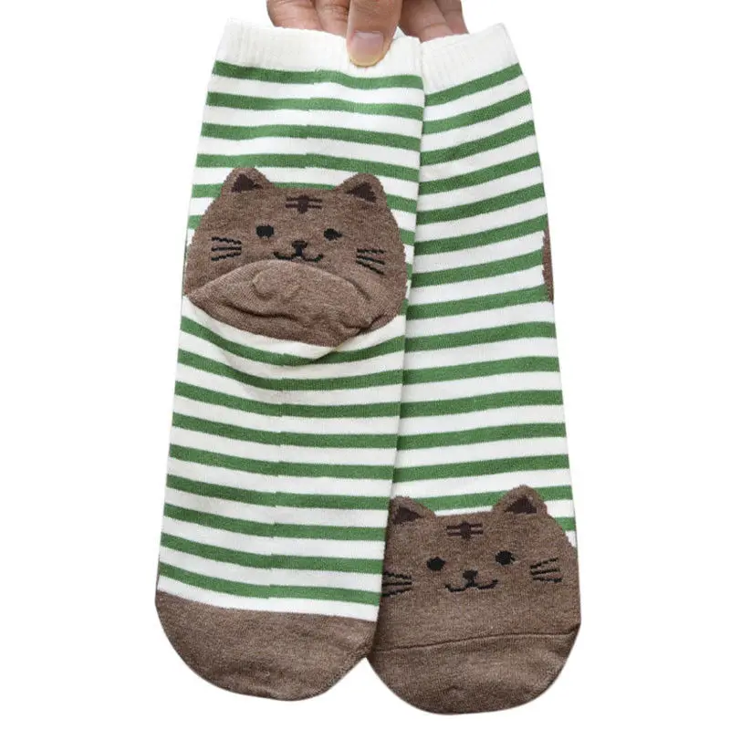 Женские носки с мультяшными рисунками, с рисунком кота, с 3D рисунком животных, стильные полосатые теплые хлопковые носки, женские носки-тапочки, meias, носки для женщин - Цвет: Green