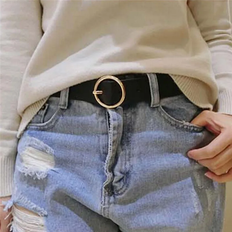 Gold Round Buckle Belts Female Leisure Jeans Wild Belt Without Pin Metal Buckle Brown Leather ...