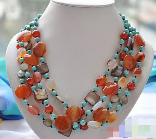 

huij 0033132 4row Red Carnelian Turquoise bead shell Necklace magnet clasp