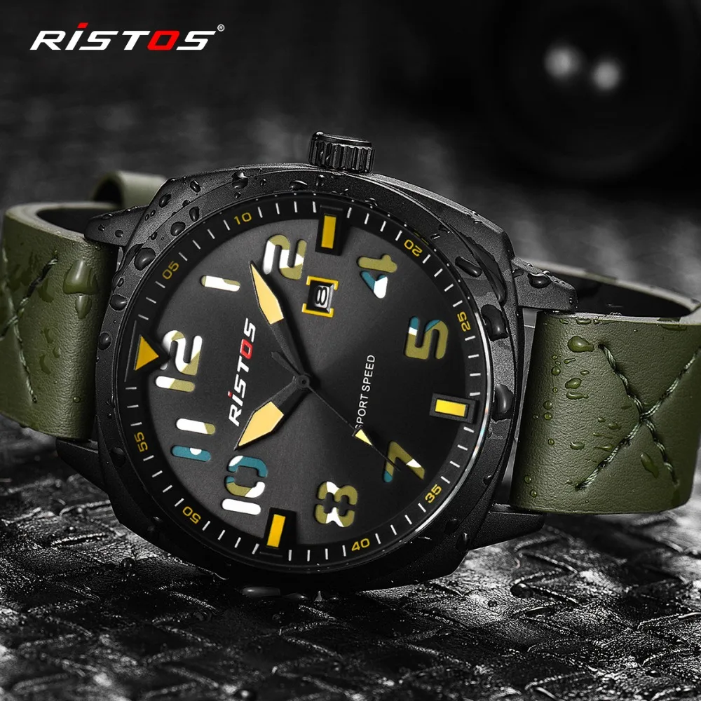 RISTOS Мужские кварцевые аналоговые часы в армейском стиле кожаные Reloj Masculino Hombre
